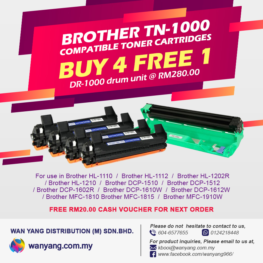 Buy two (4) free one Brother TN-1000 compatible toner cartridges free one(1)  DR-1000 drum unit 